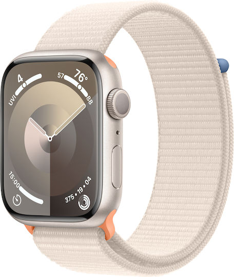 Apple Watch Series 9 Aluminium 45mm Waterproof with Heart Rate Monitor (Starlight with Starlight Sport Loop) view 1