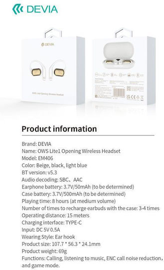 Devia EM406 OWS Lite1 Open Ear Bluetooth Handsfree Earphones with Charging Case White view 4