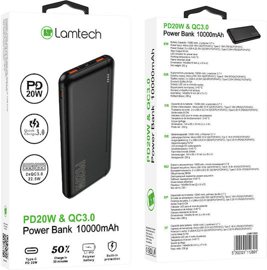 Lamtech Power Bank 10000mAh 22.5W with 2 USB-A Ports and USB-C Port Power Delivery / Quick Charge 3.0 Black vue 6