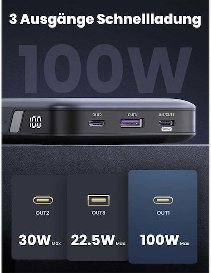 Ugreen PB720 Power Bank 20000mAh 100W with USB-A Port and 2 USB-C Ports Power Delivery / Quick Charge 2.0 / Quick Charge 3.0 Gray view 8