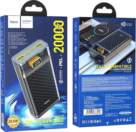 Hoco J103A Power Bank 20000mAh 22.5W with 2 USB-A Ports and USB-C Port Power Delivery Gray view 4