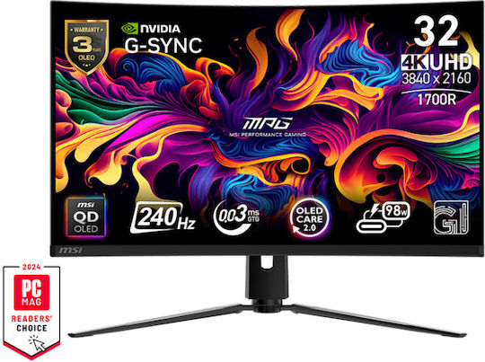 MSI MPG 321CURX QD-OLED QD-OLED HDR Curved Gaming Monitor 31.5" 4K 3840x2160 240Hz with Response Time 0.03ms GTG