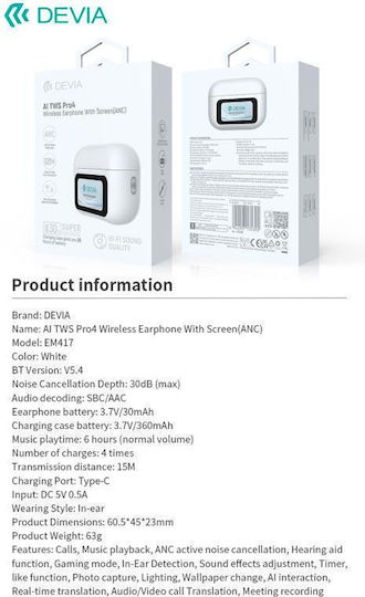 Devia EM417 Pro4 In-ear Bluetooth Handsfree Earphones with Charging Case White view 4