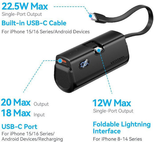 Vention FHRB0 Power Bank 4800mAh 22.5W with USB-C Port Black view 4