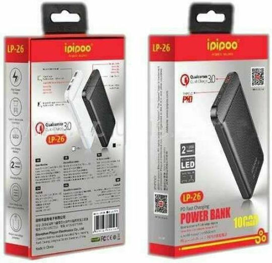 Ipipoo LP-26 Power Bank 10000mAh with 2 USB-A Ports and USB-C Port Quick Charge 3.0 Black