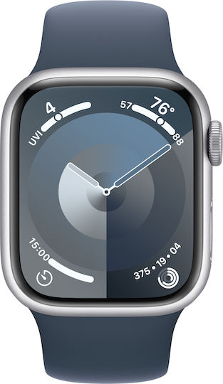 Apple Watch Series 9 Aluminium 41mm Waterproof with Heart Rate Monitor (Silver with Storm Blue Sport Band (S/M)) view 2