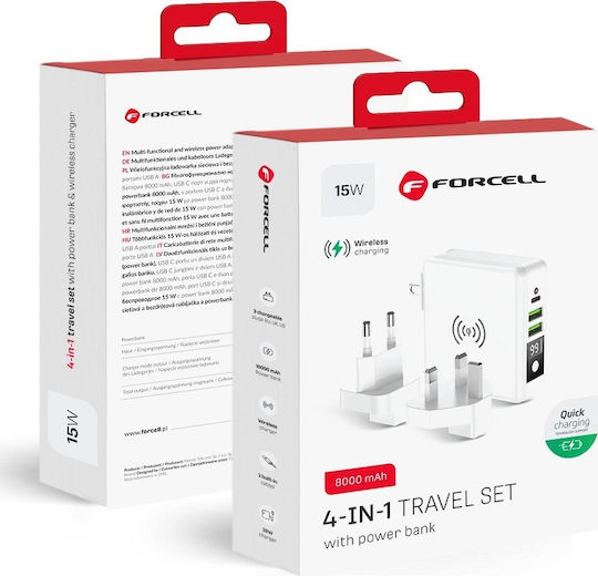 Forcell Multifunction 4in1 Wireless Power Bank 8000mAh 15W with 2 USB-A Ports and USB-C Port White
