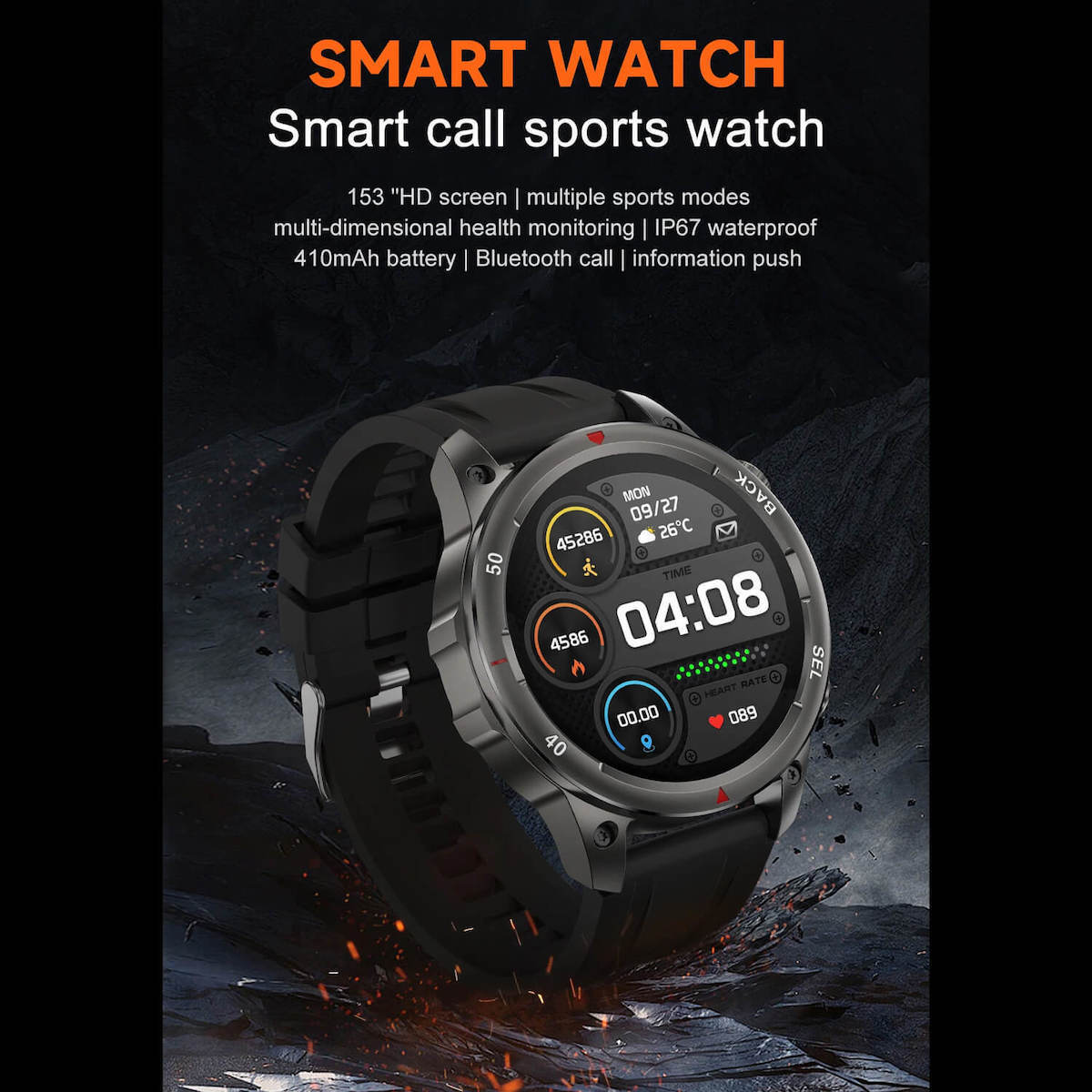 Microwear DK68 Smartwatch With Heart Rate Monitor Black Leather vue 7