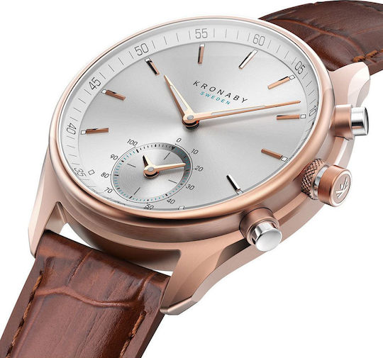 Kronaby Sekel Hybrid Stainless Steel 43mm Waterproof Smartwatch (Rose Brown Leather Strap) view 2