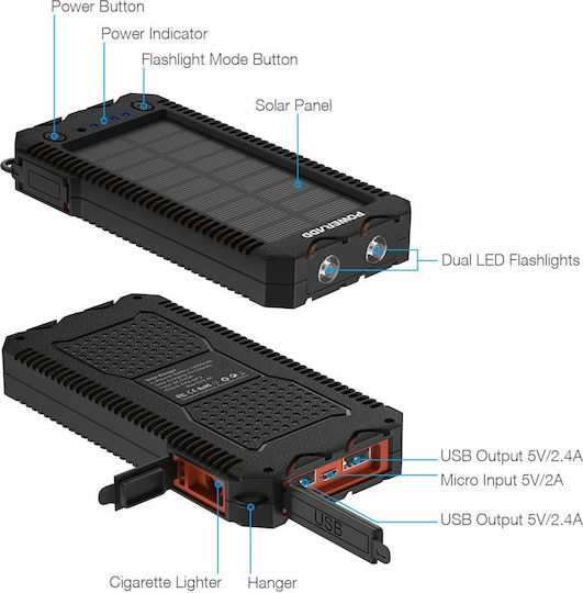 Poweradd Apollo 2 Solar Power Bank 12000mAh 18W with 2 USB-A Ports Black view 5