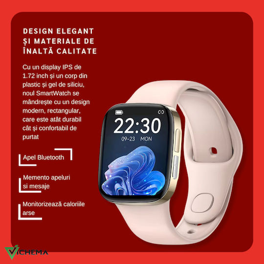 Vichema Tech Smartwatch 1.72 Inch Ips Hd+ Full Touch Screen Intelligent Bluetooth Nfc Payments Ip67 Remote Photography Voice Assistant Ecg Test 24/7 Health Monitoring 100+ Sports Modes App Notifications Calls Sms Pink view 2