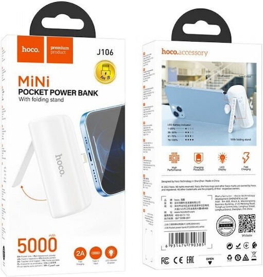 Hoco J106 Pocket Lightning Power Bank 5000mAh White view 5