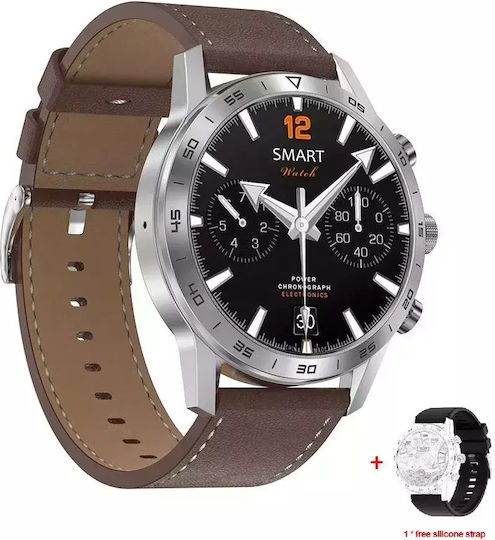Nubi DT70 45mm Smartwatch with Heart Rate Monitor (Silver Case / Brown Leather Strap) view 4