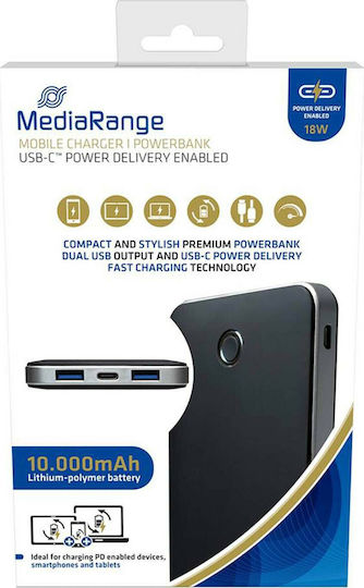 MediaRange MR753 Power Bank 10000mAh 18W with 2 USB-A Ports and USB-C Port Power Delivery Black view 3