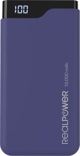 RealPower PB-15000C Power Bank 15000mAh with 2 USB-A Ports and USB-C Port Blue
