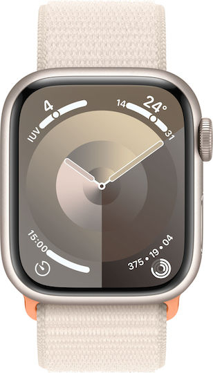 Apple Watch Series 9 Cellular Aluminium 41mm Waterproof with Heart Rate Monitor (Starlight with Starlight Sport Loop) view 2