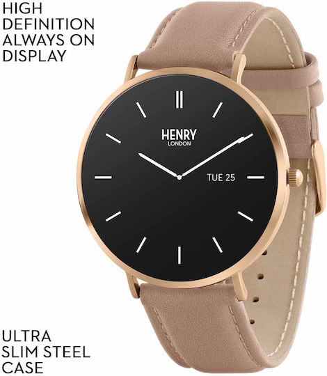 Henry London Smart Stainless Steel 43mm Smartwatch with Heart Rate Monitor (Rose & Nude Leather) view 6