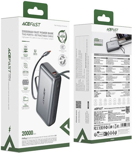 Acefast M34 Power Bank 20000mAh 45W with USB-A Port and USB-C Port Power Delivery Quick Charge 2.0 Quick Charge 3.0 Gray vue 4