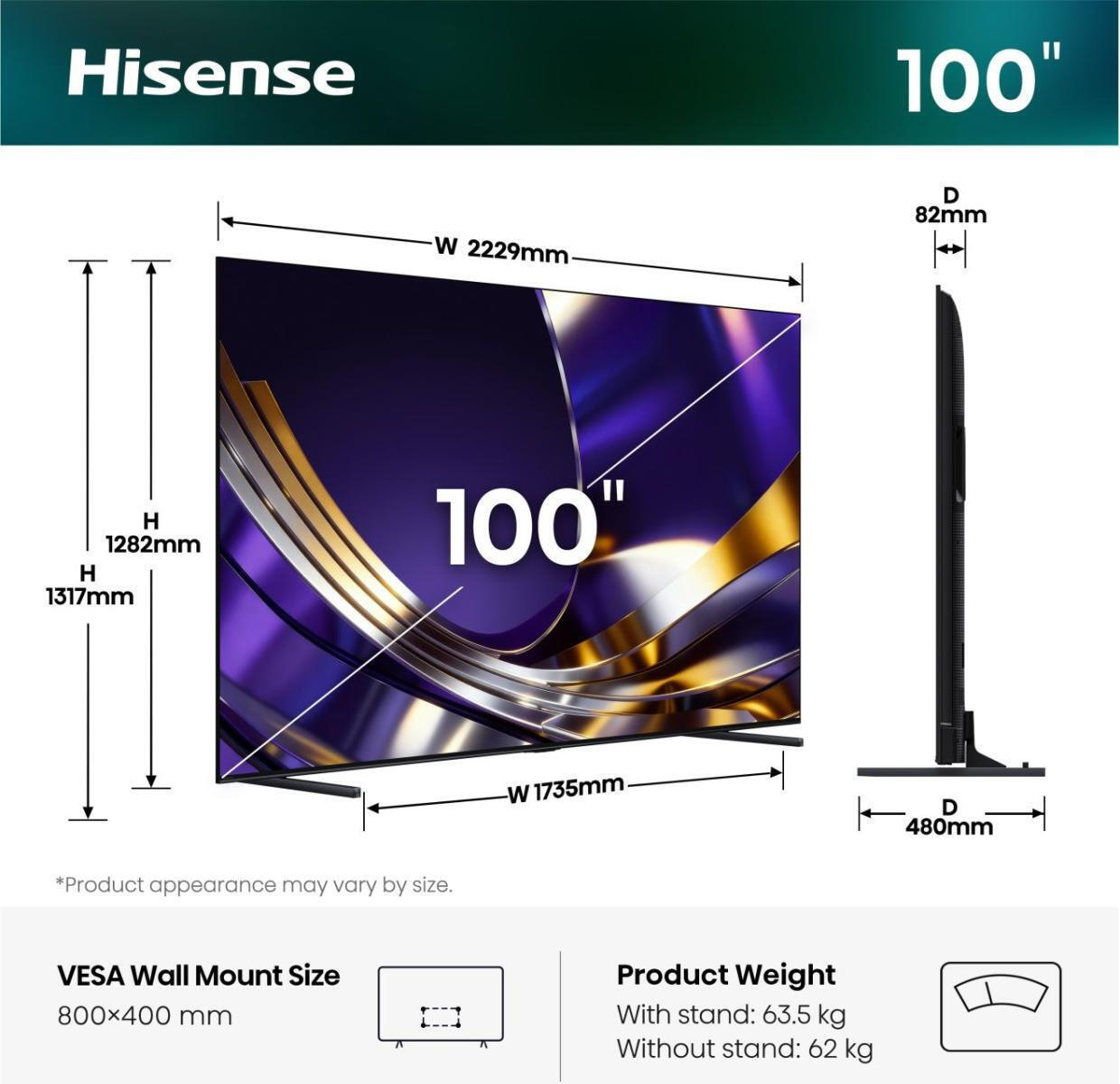 Hisense Smart TV 100" 4K UHD Mini LED U7S Pro HDR (2026) 100U7S view 3