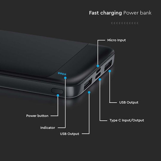 V-TAC 7833 Power Bank 10000mAh with USB-A Port and USB-C Port Black view 5