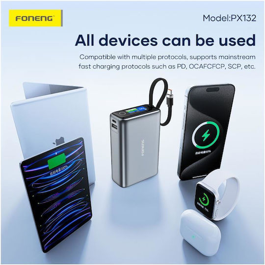 Foneng PX132 Power Bank 20000mAh 65W with USB-A Port and USB-C Port Silver view 3