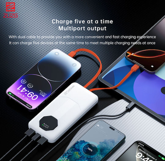 Zuzg C013 Power Bank 10000mah Fast Charging Built-in Cables & Digital Display White view 5