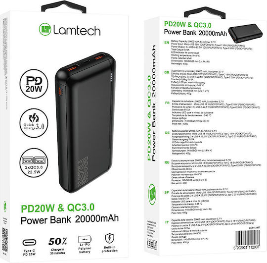 Lamtech Power Bank 20000mAh 22.5W with 2 USB-A Ports and 2 USB-C Ports Power Delivery / Quick Charge 3.0 Black view 8