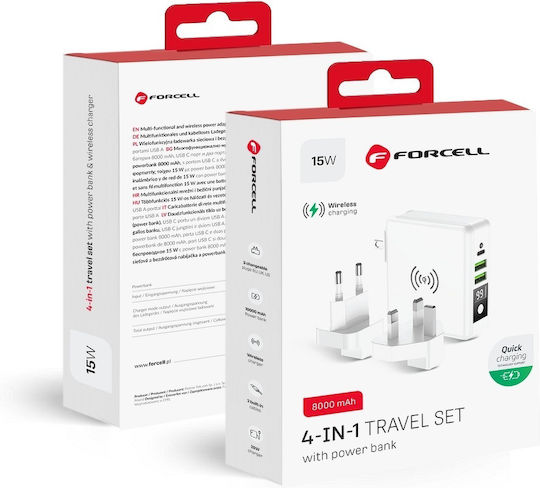 Forcell Multifunction 4in1 Wireless Power Bank 8000mAh 15W with 2 USB-A Ports and USB-C Port White view 3