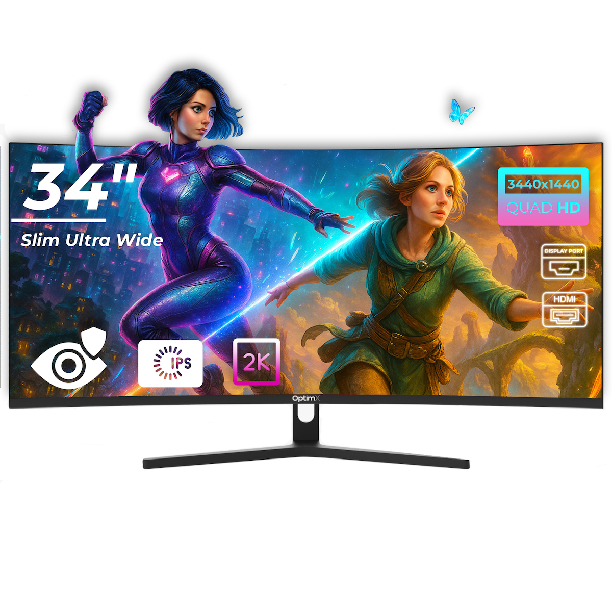 OptimX MT34J Ultrawide IPS Curved Gaming Monitor 34" QHD 3440x1440 Silver view 1