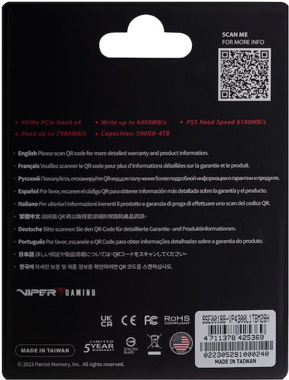 Patriot Viper P320 SSD 512GB M.2 Type with PCI Express 3.0 Connection P320P512GM28 vista 7