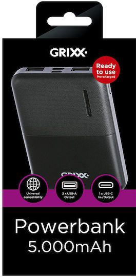 Grixx GREXTBP50B01 Power Bank 5000mAh with 2 USB-A Ports and USB-C Port Black view 3