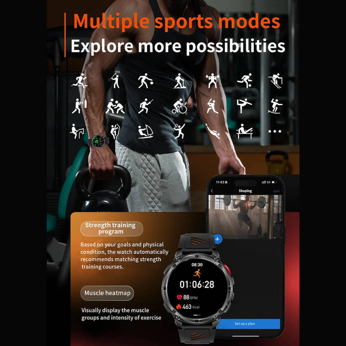 Microwear HT33 Smartwatch with Heart Rate Monitor (Black & Orange Silicone) view 3