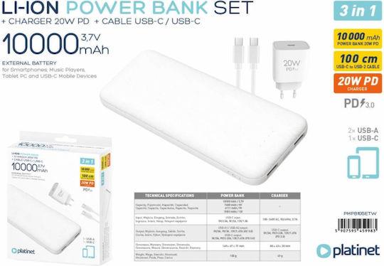 Platinet Set Power Bank 10000mAh 20W with 2 USB-A Ports and USB-C Port Power Delivery White view 2