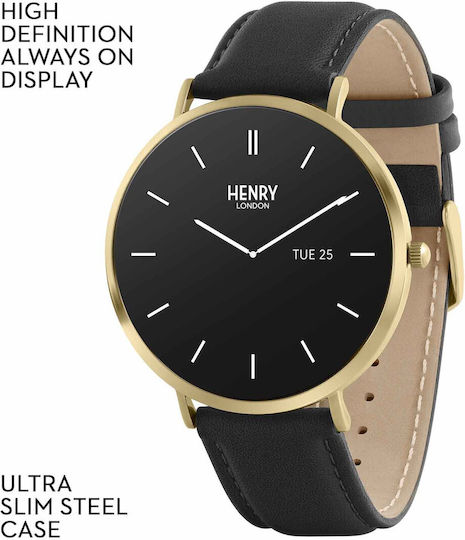 Henry London Smart Stainless Steel 43mm Smartwatch with Heart Rate Monitor (Gold & Black Leather) view 3