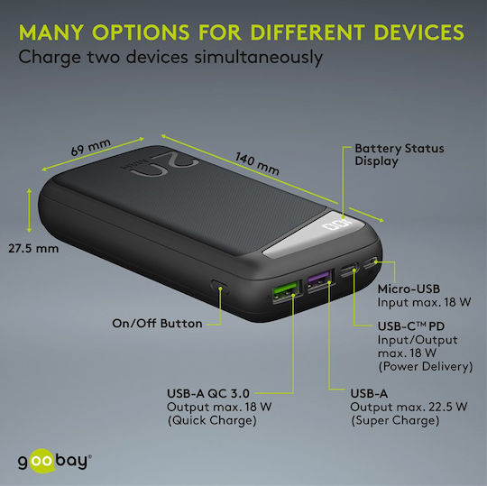 Goobay 53939 Power Bank 20000mAh 22.5W with 2 USB-A Ports and USB-C Port Power Delivery / Quick Charge 3.0 Black Ansicht 3