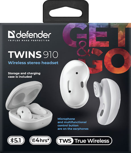 Defender Twins 910 Earbud Bluetooth Handsfree Earphones with Charging Case White view 4