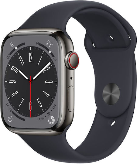 Apple Watch Series 8 Cellular Stainless Steel 45mm Waterproof with eSIM and Heart Rate Monitor (Graphite with Midnight Sport Band) view 2