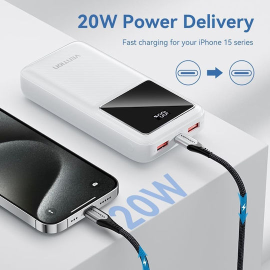 Vention FHLW0 Power Bank 20000mAh 22.5W with 2 USB-A Ports and USB-C Port White view 3