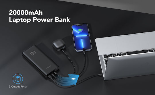 Veger T100 Power Bank 20000mAh 100W with USB-A Port and 2 USB-C Ports Power Delivery Black view 5
