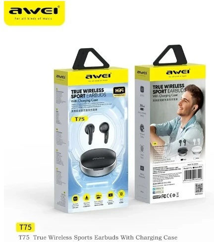 Awei T75 Earbud Bluetooth Handsfree Earphones with Sweat Resistance and Charging Case Black view 4