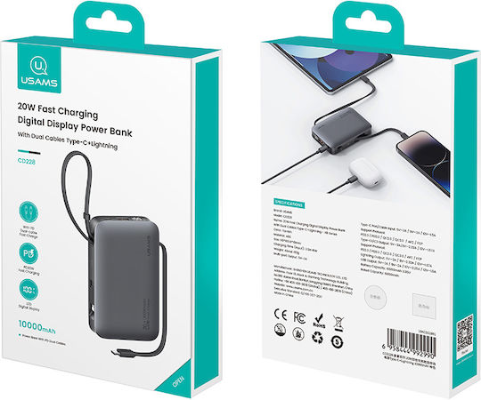 Usams XR Series CD228 Power Bank 10000mAh 20W with USB-A Port and USB-C Port Gray view 9