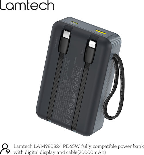 Lamtech Power Bank 20000mAh 65W With USB-A Output Port And USB-C Output Port Power Delivery Quick Charge 3.0 Black view 7