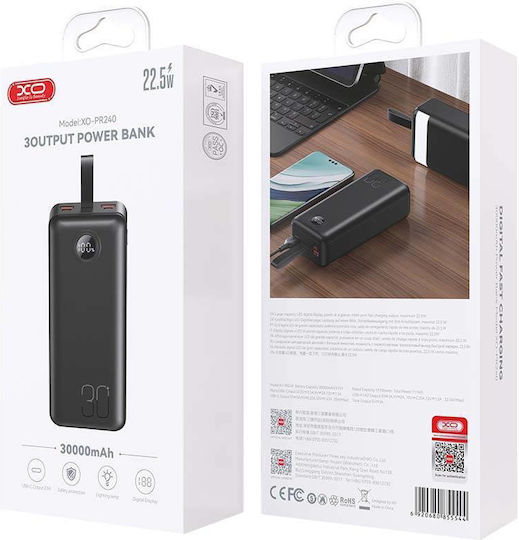 XO PR240 Power Bank 30000mAh 22.5W with 2 USB-A Ports and USB-C Port Power Delivery / Quick Charge 2.0 / Quick Charge 3.0 Black view 4