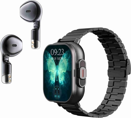 D8 2.01 Inch 2 In 1 Bluetooth Earphone Steel Band Smart Watch Support Health Monitoring Nfc Black