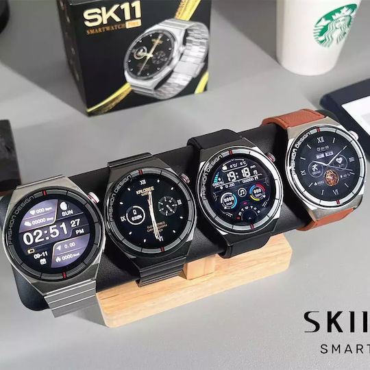 Men's Smart Watch Nubi Sk11 Plus Ips Display Bluetooth Call Pulse Calories Blood Pressure Remote Camera Sports Modes Brown Leather view 2