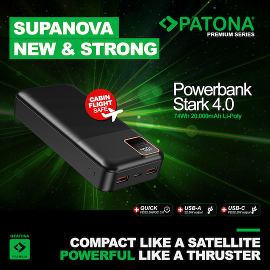 Patona Stark 4.0 Power Bank 20000mAh 22.5W with 2 USB-A Ports and USB-C Port Power Delivery Black vue 2