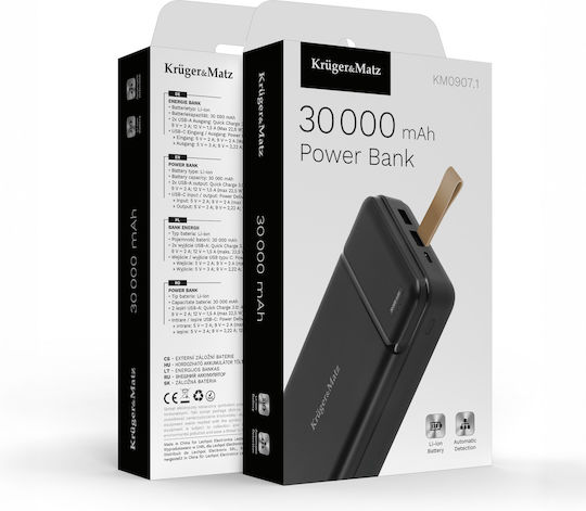 Kruger & Matz Power Bank 30000mAh 22.5W with 2 USB-A Ports and USB-C Port Power Delivery / Quick Charge 3.0 Black view 5