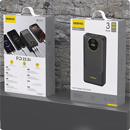 Dudao K12Pro Power Bank 20000mAh 22.5W with USB-A Port and USB-C Port Power Delivery Black vue 2