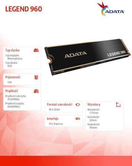 Adata Legend SSD 1TB M.2 Type with PCI Express 4.0 Connection and Heatsink PS5 Compatible ALEG-960-1TCS view 4
