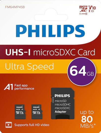 Philips MicroSDXC 64GB Class 10 U1 V10 A1 UHS-I 80MB/s With Adapter view 3